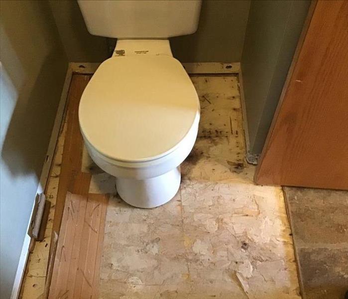 White toilet in a bathroom with the trim removed.
