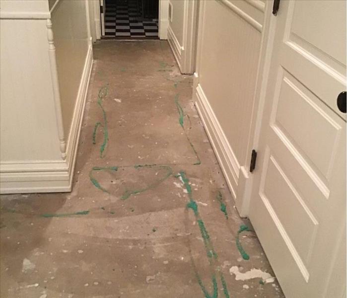 Dry concrete floor in a hallway with white trim and white doors.