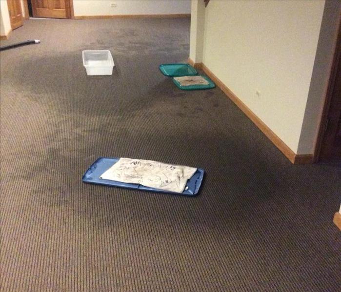 Wet grey carpet in a basement with wet spots on the floor with containers to catch the water leaks.